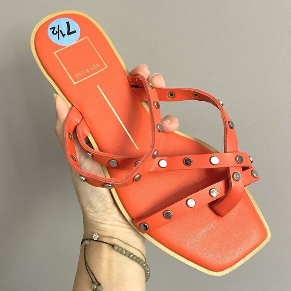 Dolce Vita Orange Ishita Strappy Square Toe Studded Flat Slide Sandals - 7.5 - Picture 2 of 5